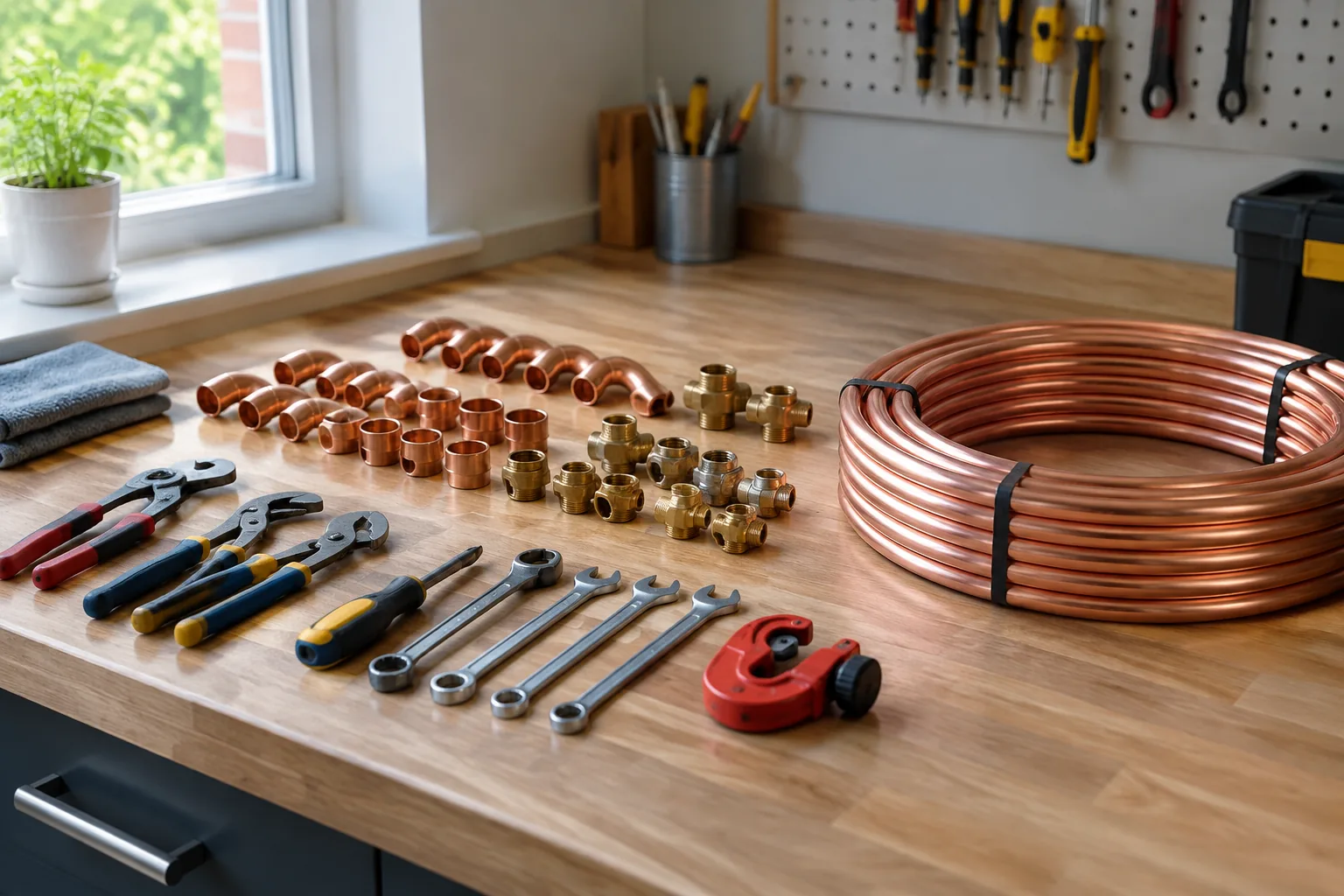 Hand tools, fittings and pipe arranged on a workbench