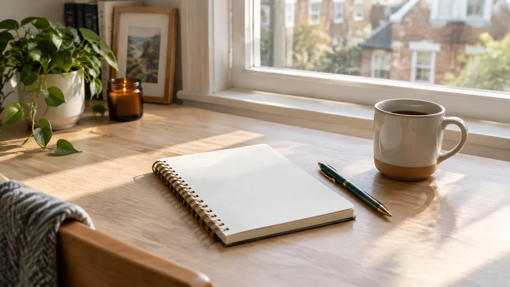 A desk by a window, ready for an appointment
