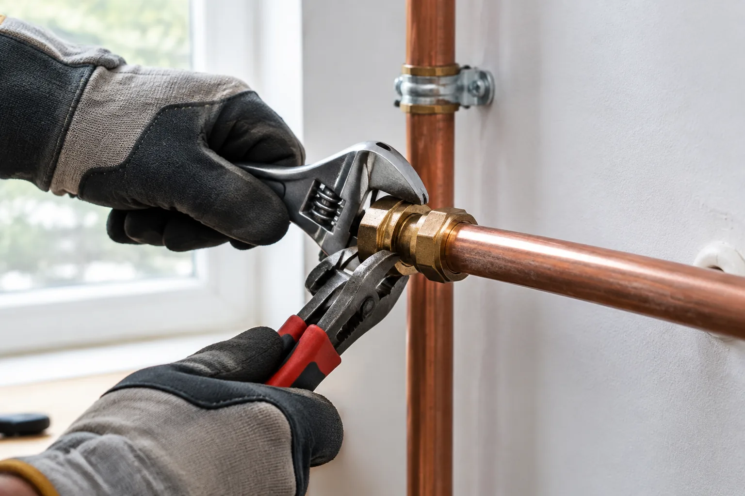 Gloved hands working on a heating pipe connection