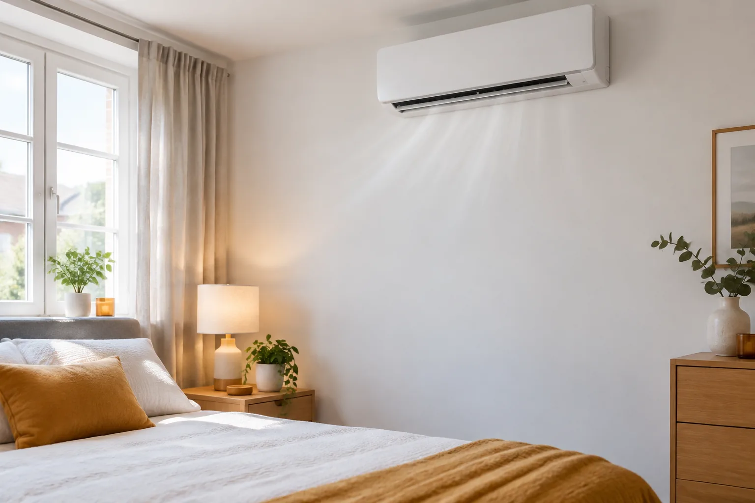 Wall-mounted air-conditioning unit in a bedroom