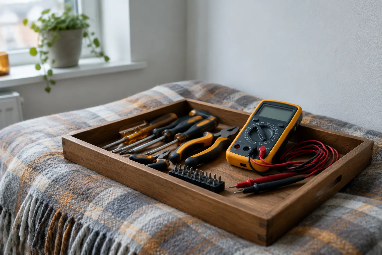 Hand tools and a meter laid out for a service