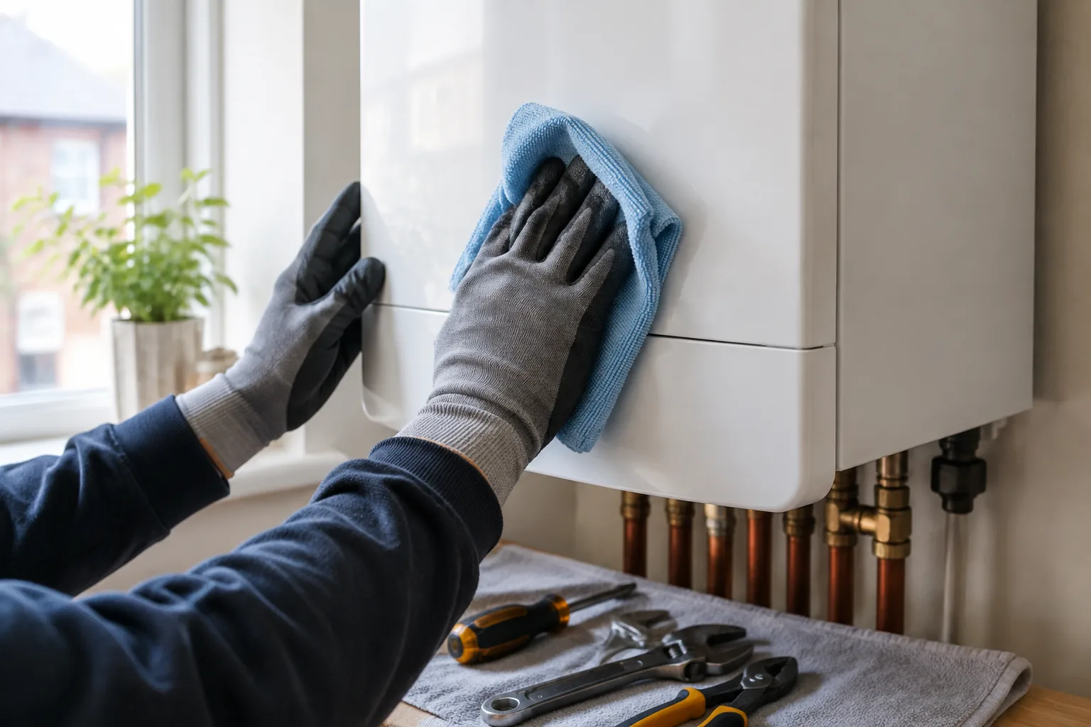 Gloved hands cleaning the casing of a wall-mounted boiler